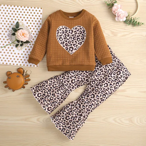 2 piezas Conjuntos de niños Forma de Corazón&Leopardo Pantalones Niñito Niña