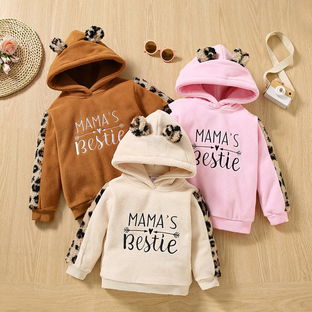 Toddler Girl Letter Embroidered Leopard Ear Design Polar Fleece Fuzzy Hoodie Sweatshirt Beige image 3