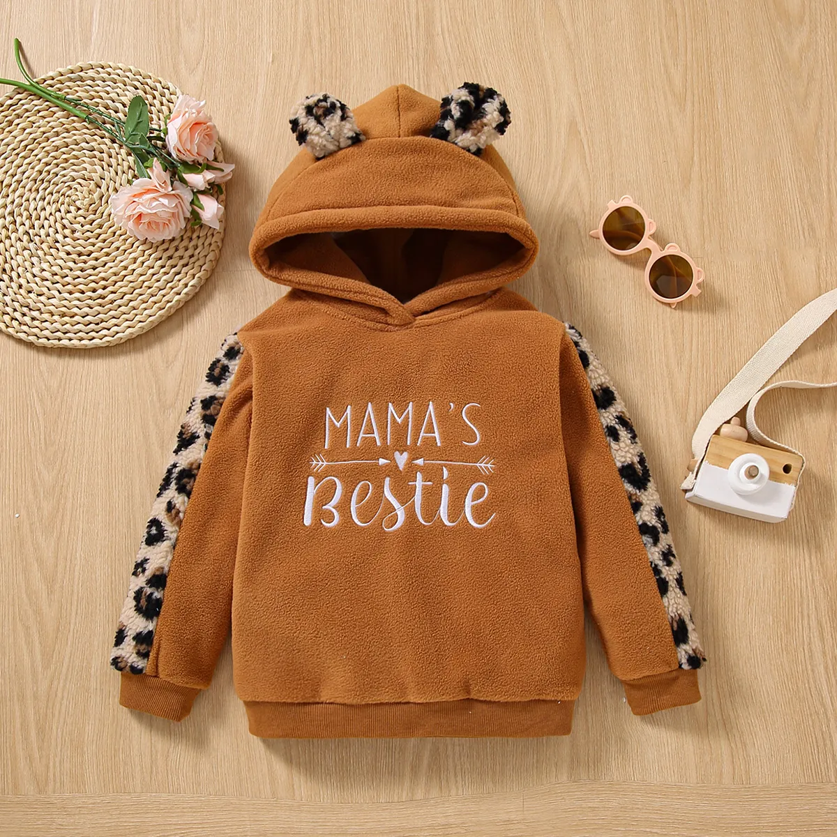 Toddler Girl Letter Embroidered Leopard Ear Design Polar Fleece Fuzzy Hoodie Sweatshirt Brown