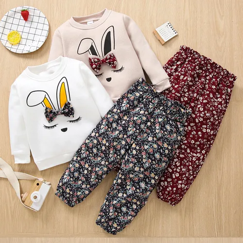 2-piece Toddler Girl Bowknot Design Rabbit Print Pullover Sweatshirt and Floral Print Paperbag Pants Set