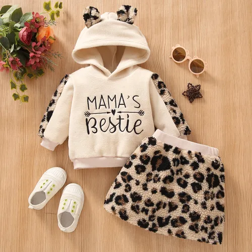 2pcs Baby Girl Letter Embroidered Beige Thickened Polar Fleece Long-sleeve Hoodie and Leopard Mini Skirt Set