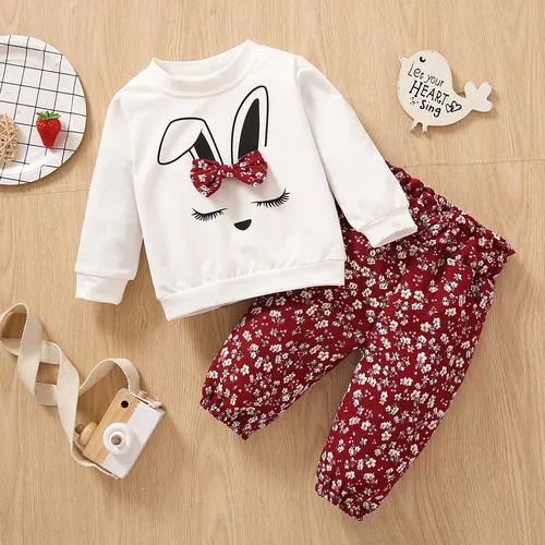Conjunto de 2 peças bebê menina 95% algodão manga longa com estampa de coelho e calças com estampa floral