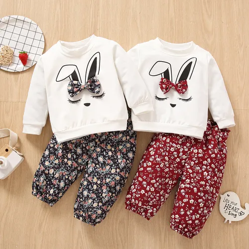 Conjunto de sudadera con estampado de conejo de dibujos animados de manga larga y pantalones con estampado floral de 2 uds para bebé niña 95% algodón