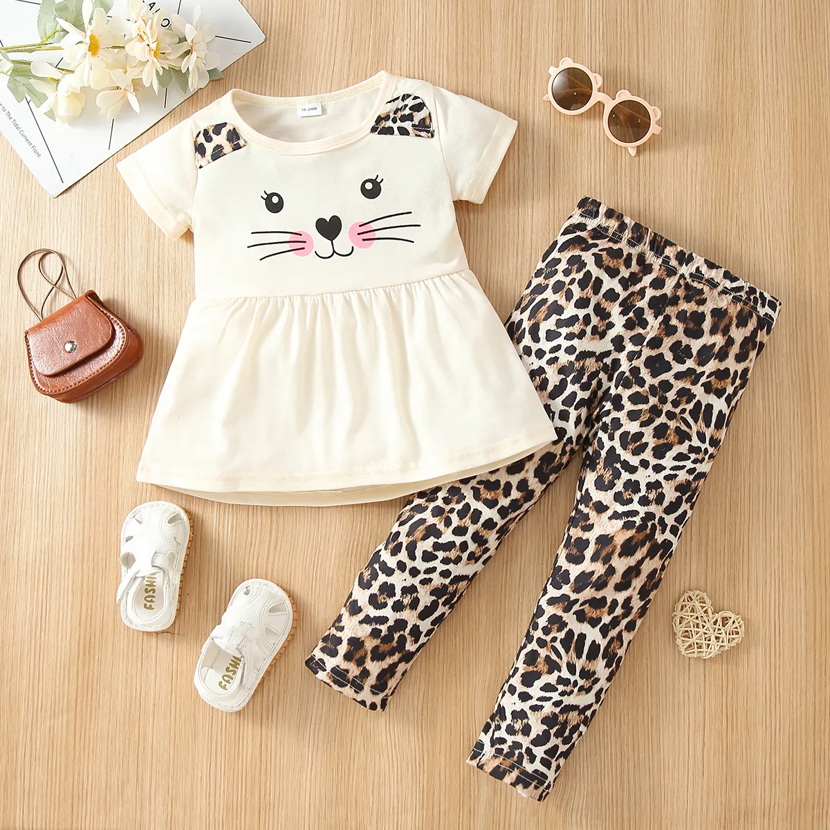 2-piece Toddler Girl Letter Cat Print Ear Design Tee and Leopard Print Pants Set Beige image 2