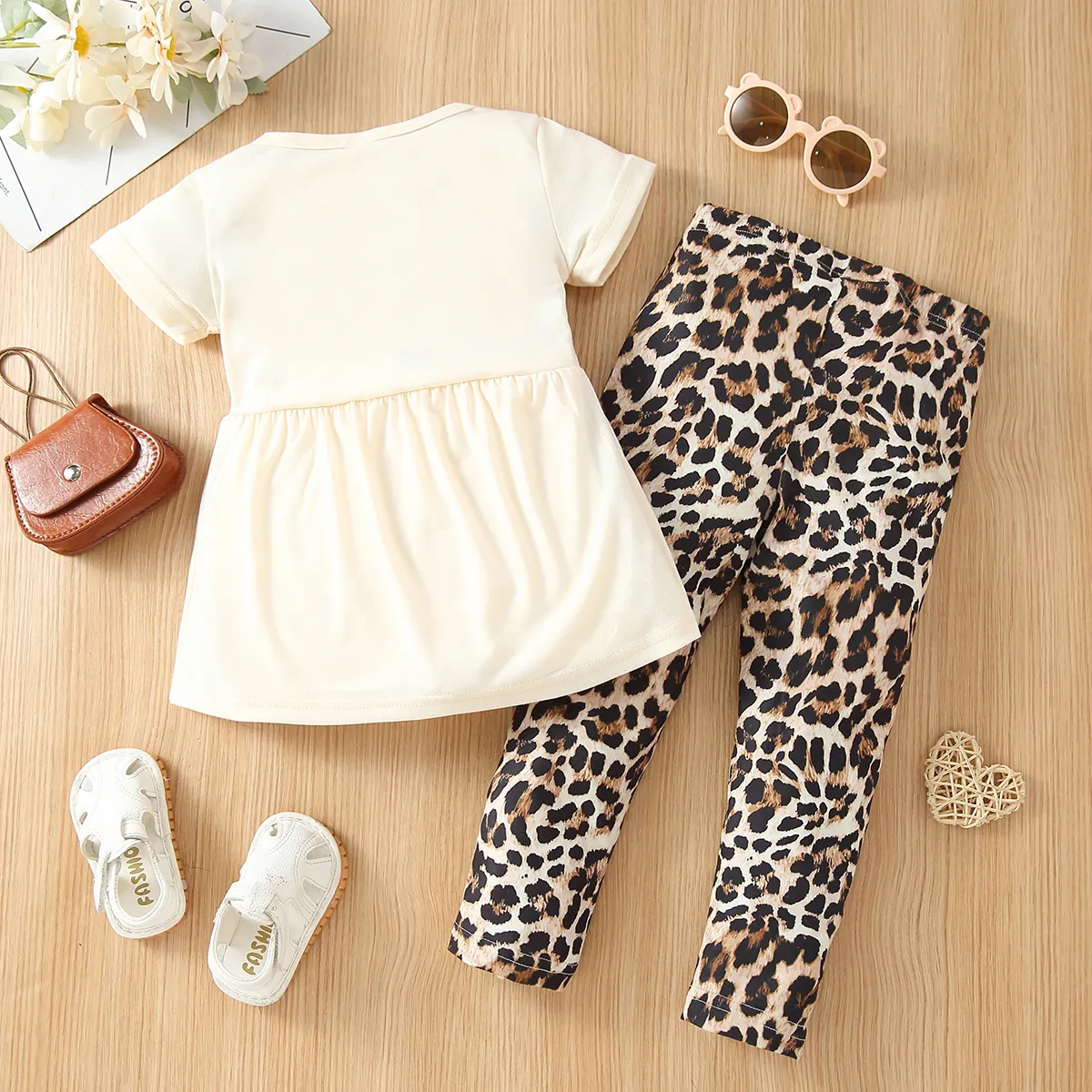 2-piece Toddler Girl Letter Cat Print Ear Design Tee and Leopard Print Pants Set Beige image 3