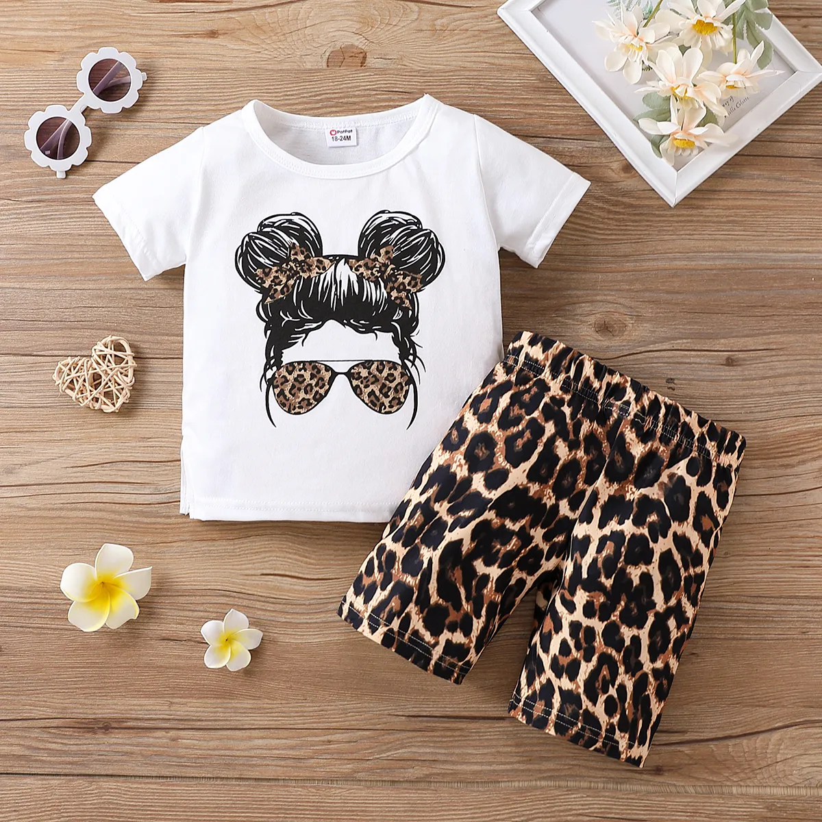 2pcs Toddler Girl Cartoon Figure Print Short-sleeve White Tee And Leopard Print Shorts Set
