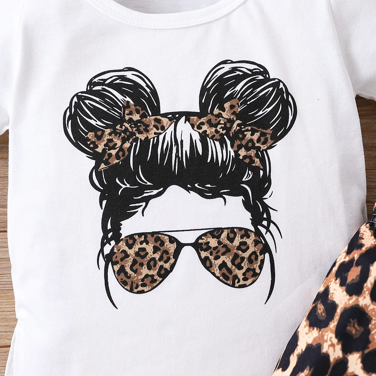 2pcs Toddler Girl Cartoon Figure Print Short-sleeve White Tee and Leopard Print Shorts Set White big image 1