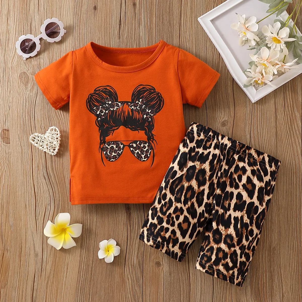 2 unidades Criança Menina Bonito conjuntos de camisetas Castanho