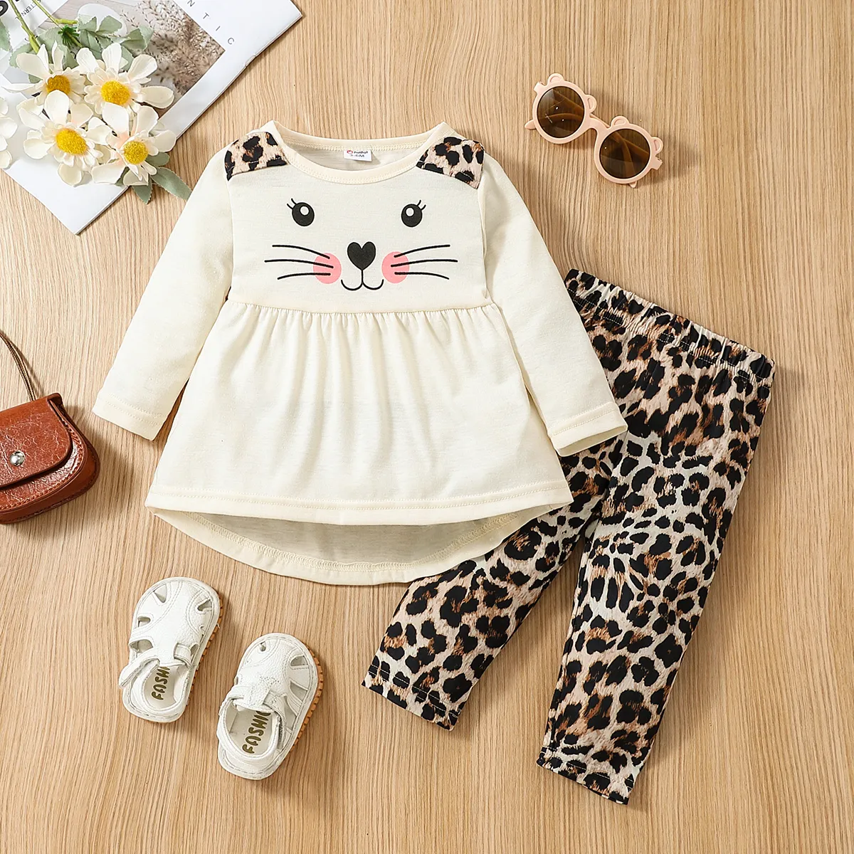 2pcs Baby Girl Cartoon Cat Print Long-sleeve Top and Leopard Pants Set  big image 1