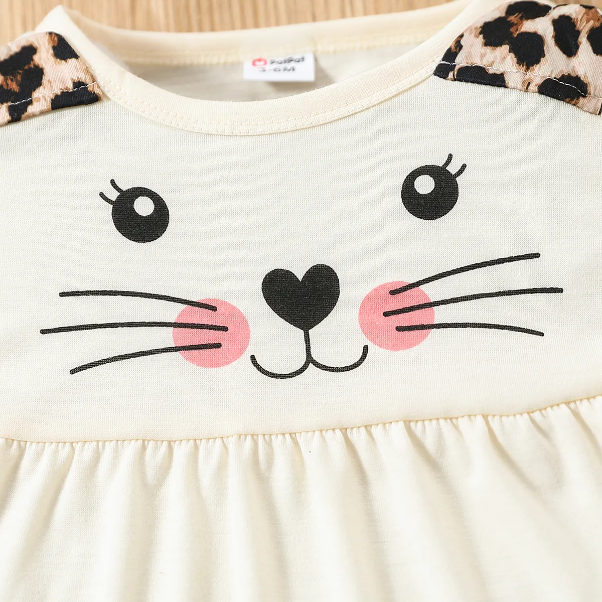 2pcs Baby Girl Cartoon Cat Print Long-sleeve Top and Leopard Pants Set OffWhite big image 1