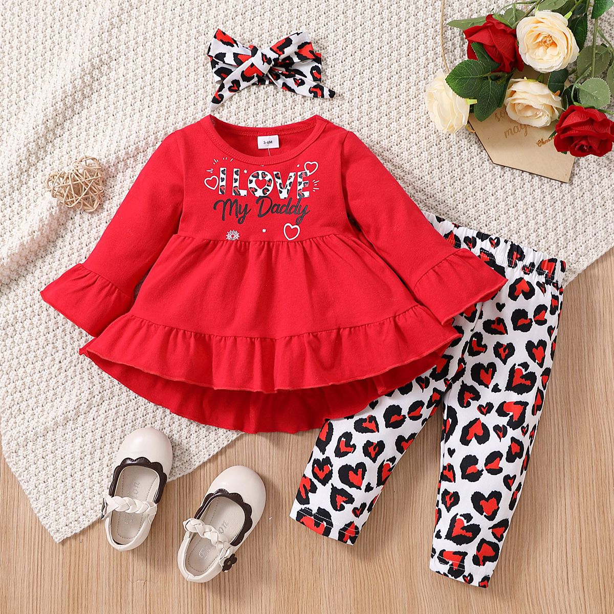 

3pcs Baby Girl 95% Cotton Long-sleeve Letter Print Ruffle Hem Dress and Leopard Leggings with Headband Set