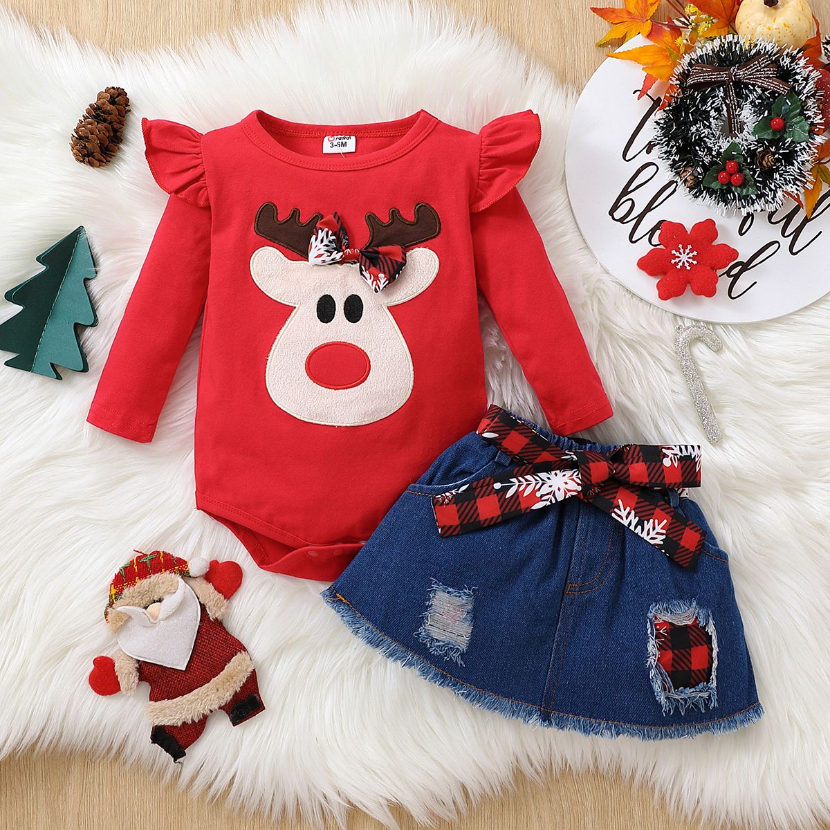 

Christmas 2pcs Baby Girl 100% Cotton Ripped Denim Skirt and Deer Graphic Ruffle Long-sleeve Romper Set