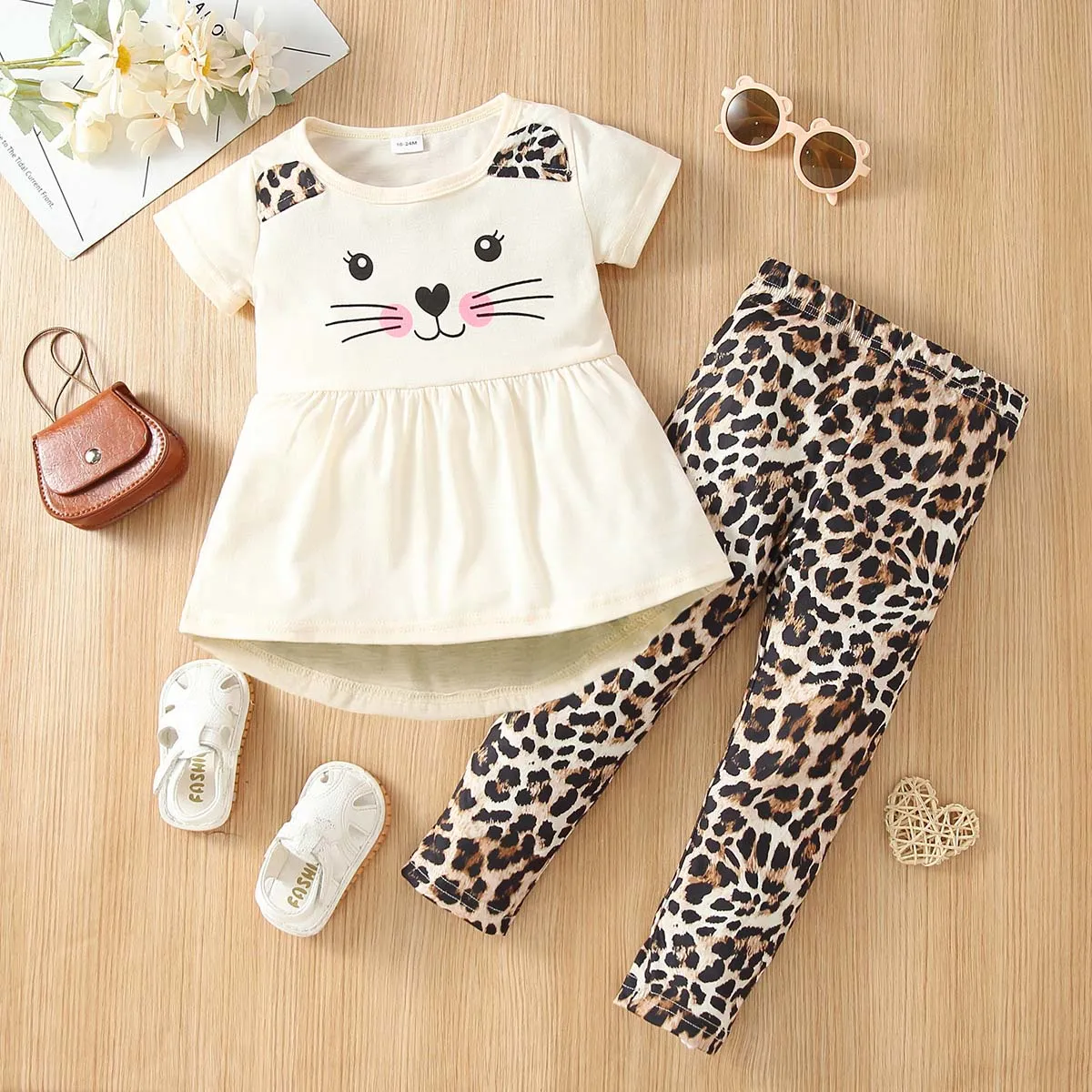 2-piece Toddler Girl Letter Cat Print Ear Design Tee and Leopard Print Pants Set Beige big image 1