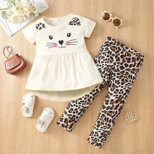 2-piece Toddler Girl Letter Cat Print Ear Design Tee and Leopard Print Pants Set