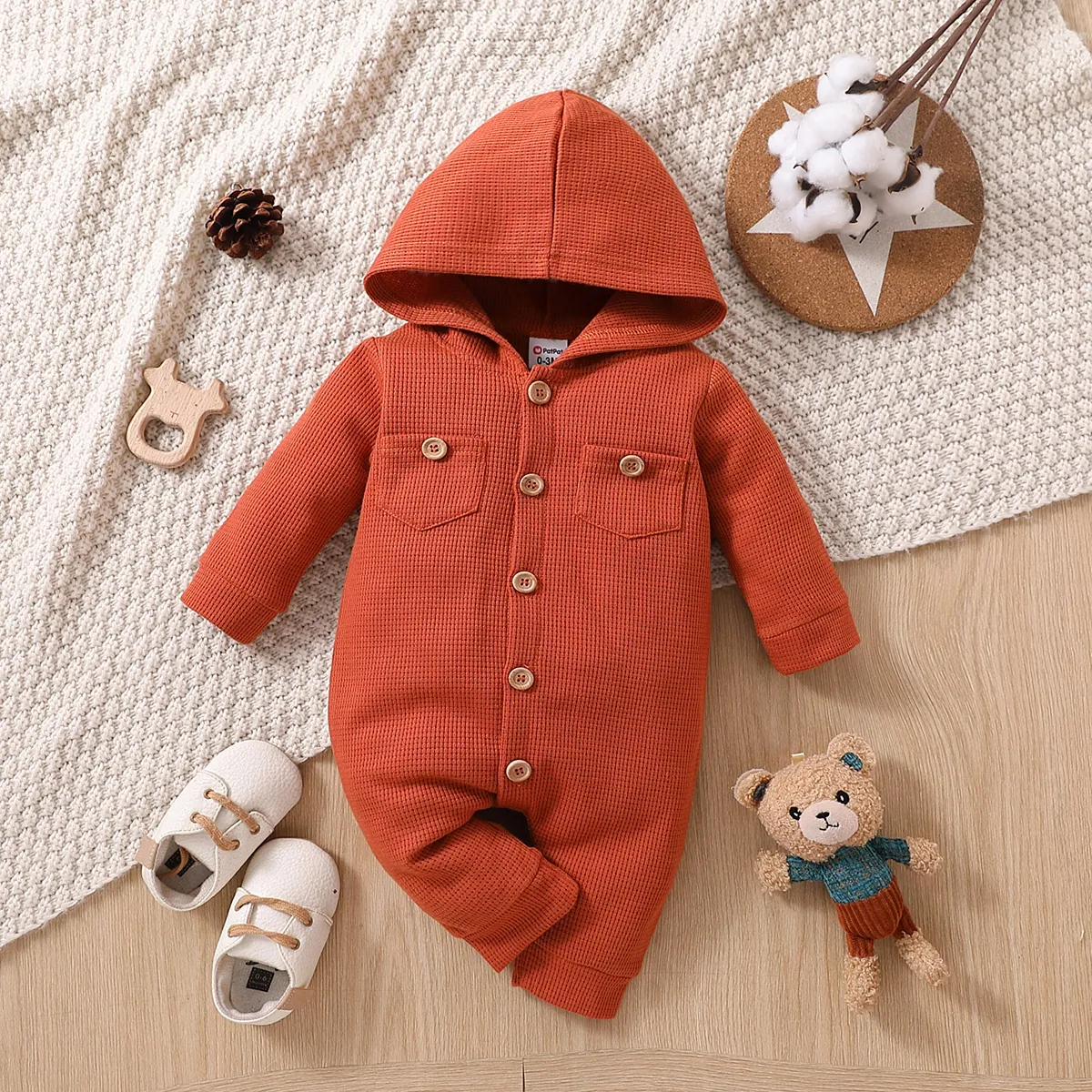 Baby Boy/Girl Solid Waffle Textured Hooded Long-sleeve Button Jumpsuit YellowBrown big image 1
