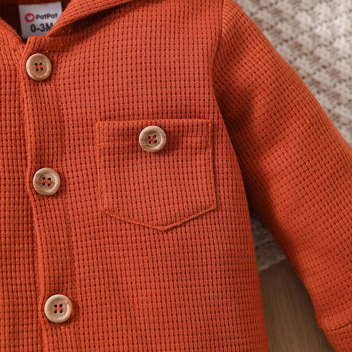 Baby Boy/Girl Solid Waffle Textured Hooded Long-sleeve Button Jumpsuit YellowBrown image 5