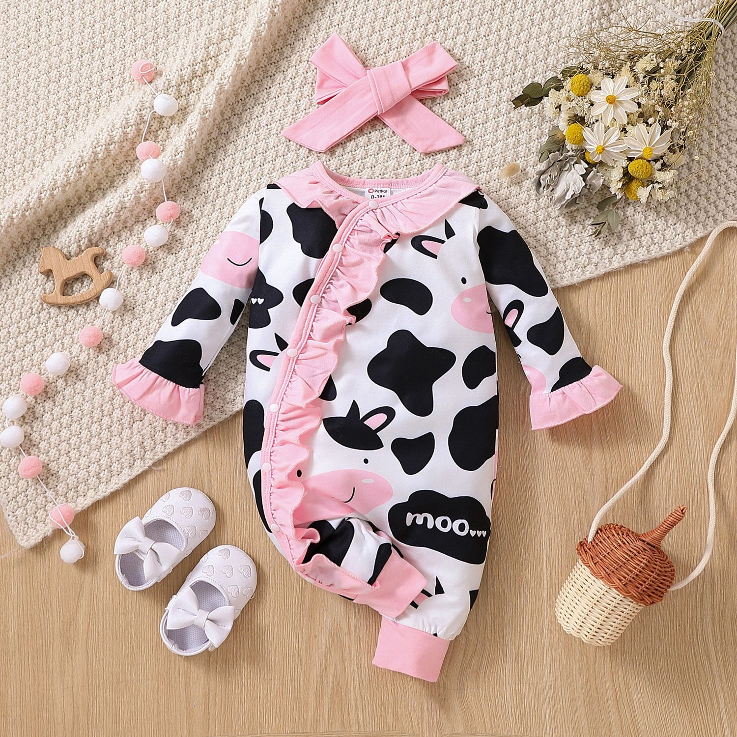 

2pcs Baby Girl Allover Cow Print Ruffle Trim Long-sleeve Jumpsuit & Headband Set