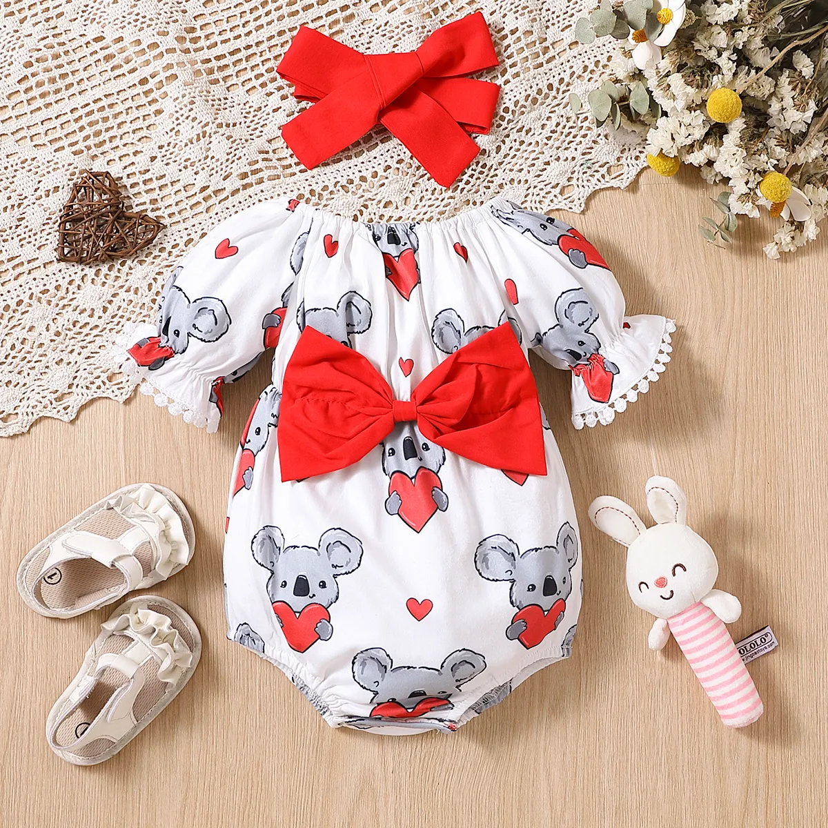2pcs Baby Girl Bow Front Koala Print Ruffle-sleeve Bodysuit and Headband Set  big image 1