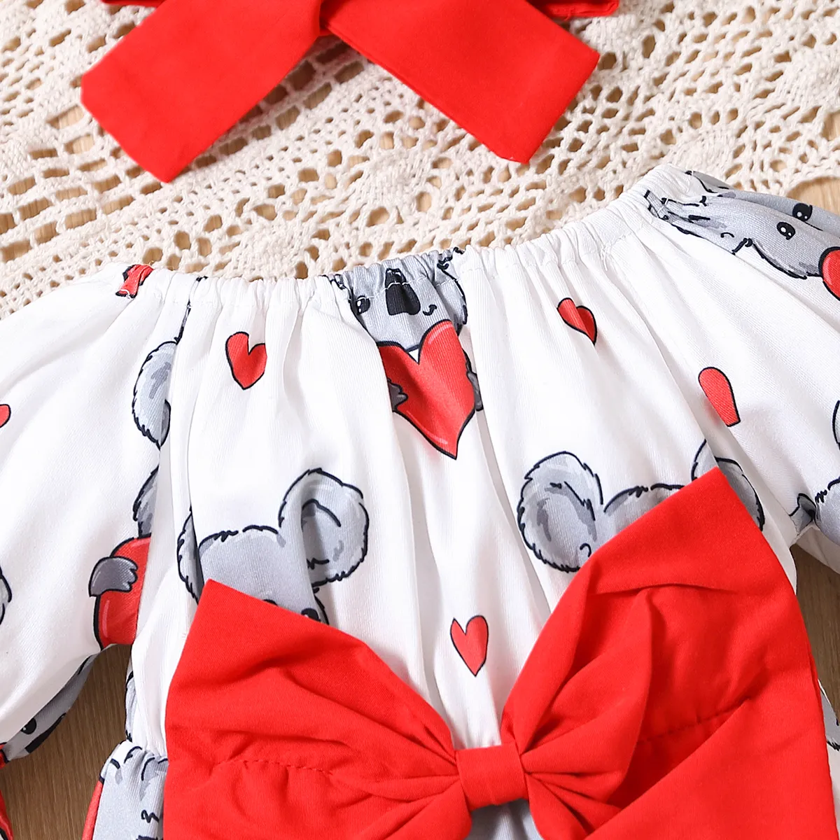 2pcs Baby Girl Bow Front Koala Print Ruffle-sleeve Bodysuit and Headband Set  image 3