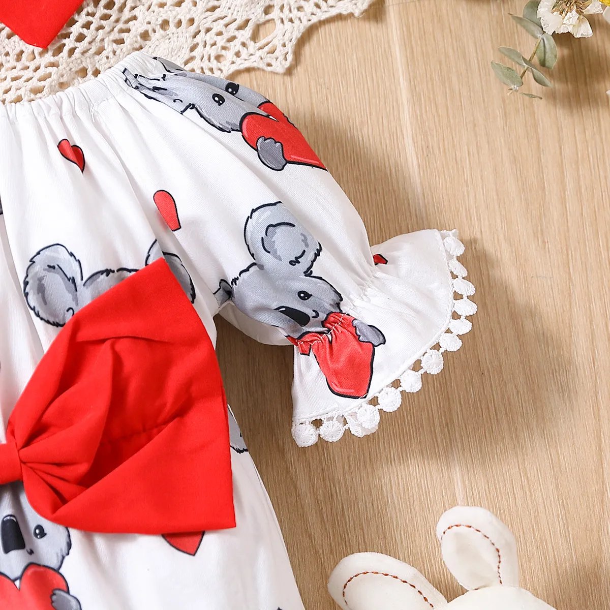 2pcs Baby Girl Bow Front Koala Print Ruffle-sleeve Bodysuit and Headband Set  image 5
