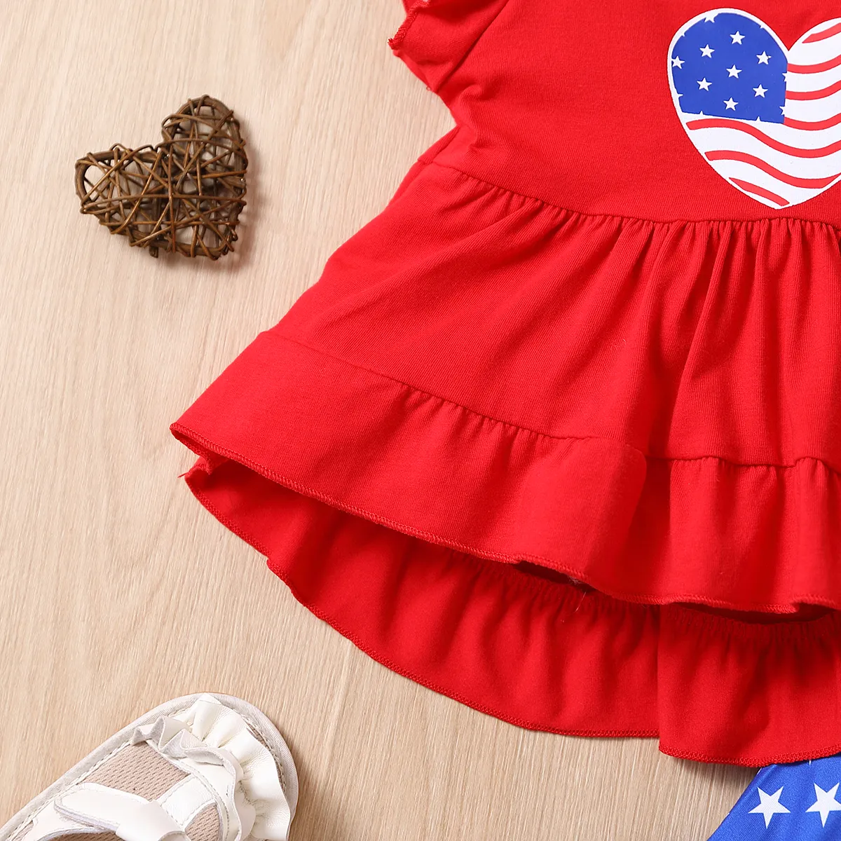 Independence Day 2pcs Baby Girl Ruffled Flutter-sleeve Graphic Top and Star & Stripe Print Flared Pants Set  image 4