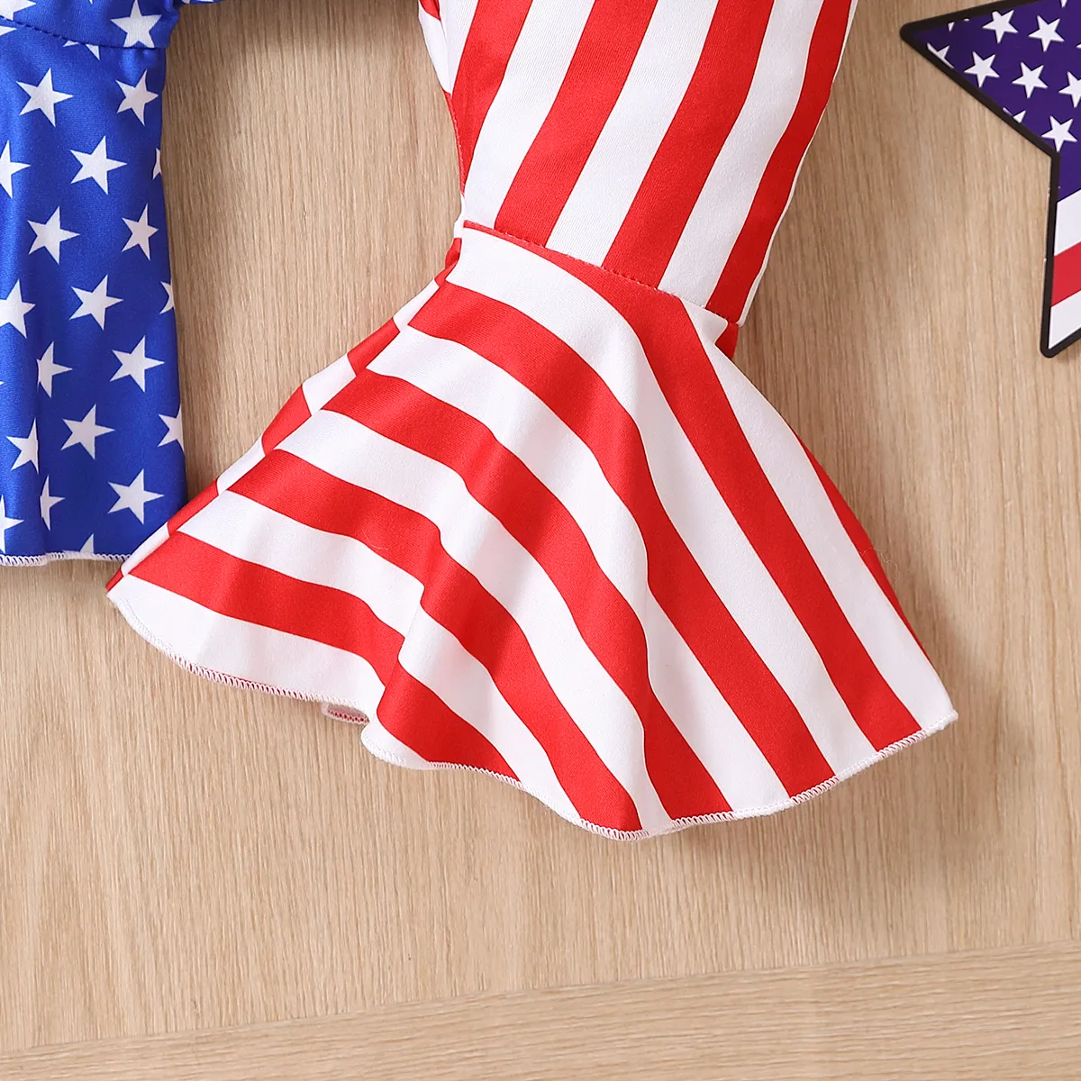 Independence Day 2pcs Baby Girl Ruffled Flutter-sleeve Graphic Top and Star & Stripe Print Flared Pants Set  image 5