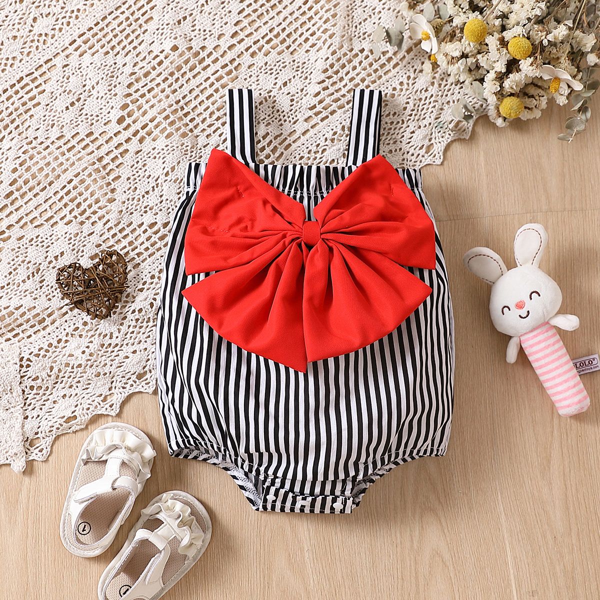 

100% Cotton Baby Girl Bow Decor Stripe Cami Bodysuit