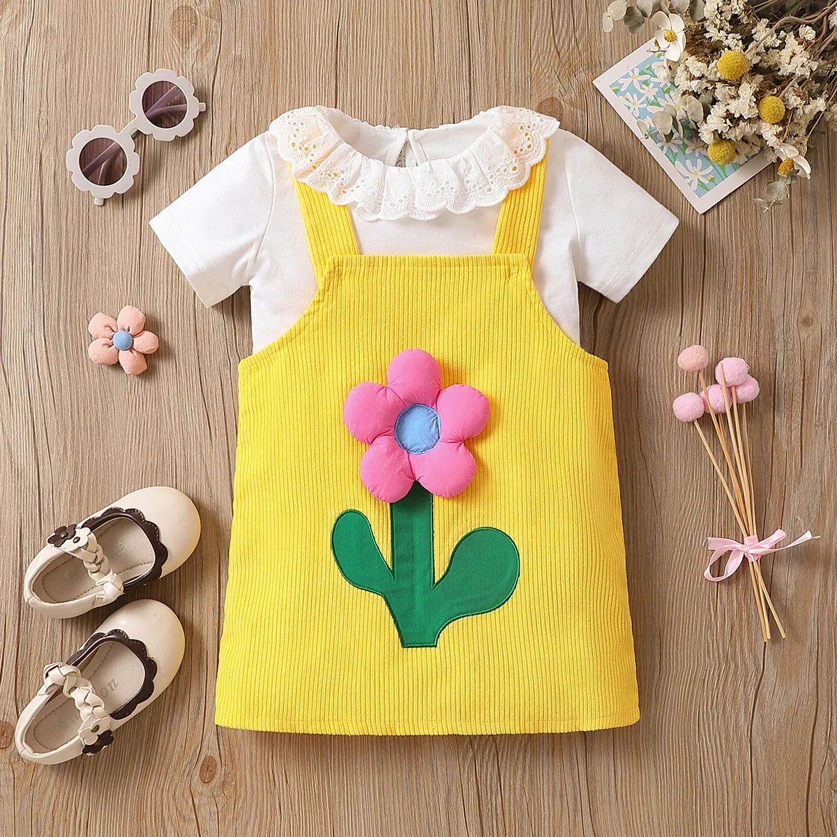 2pcs Toddler Girl Doll Collar Short-sleeve Top and Floral Embroidered Corduroy Overall Dress Set  big image 1