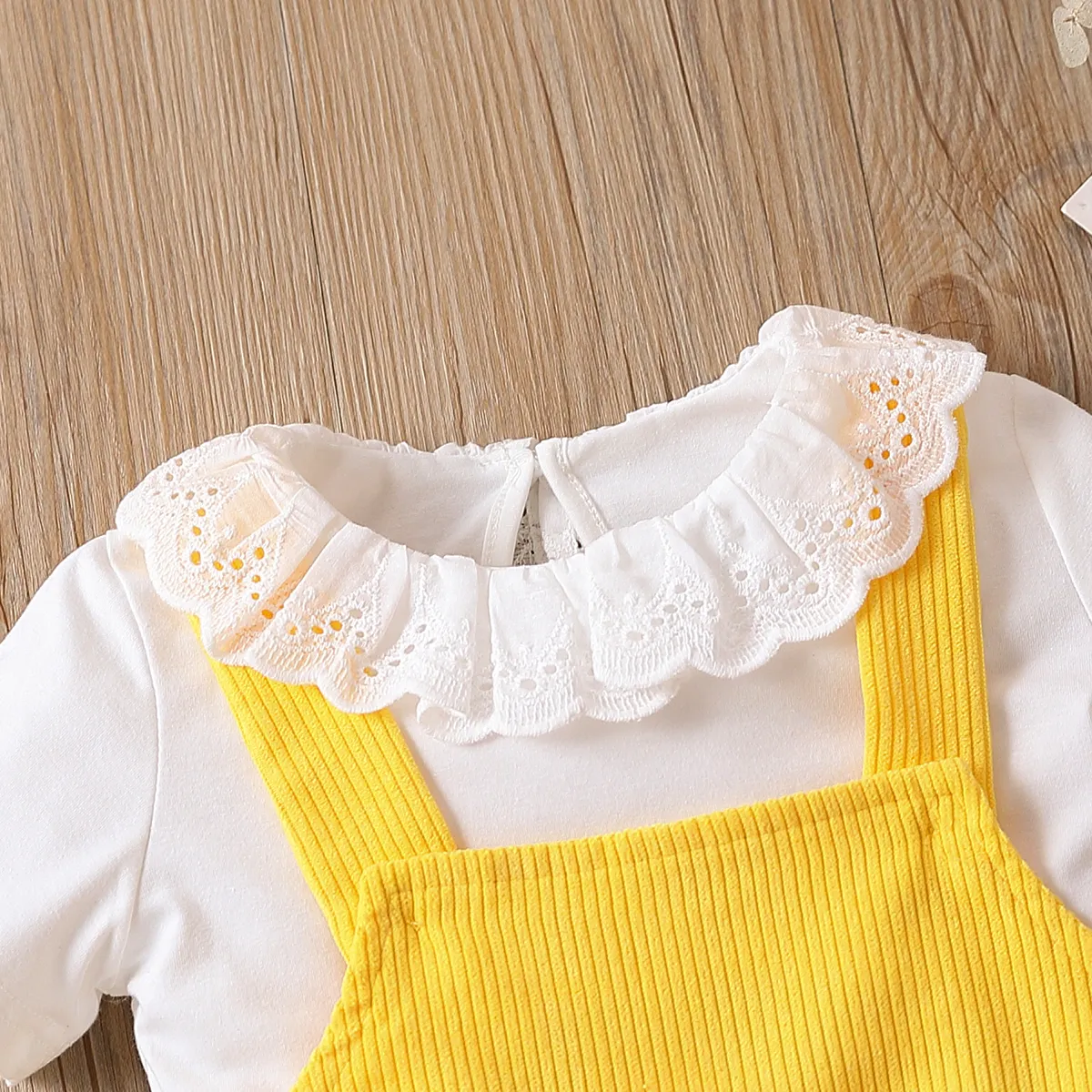 2pcs Toddler Girl Doll Collar Short-sleeve Top and Floral Embroidered Corduroy Overall Dress Set  image 3