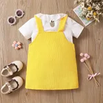 2pcs Toddler Girl Doll Collar Short-sleeve Top and Floral Embroidered Corduroy Overall Dress Set  image 2