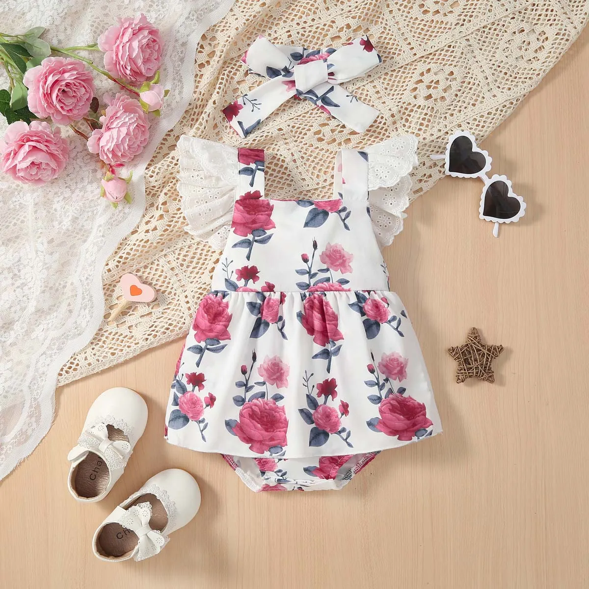 2pcs Baby Girl Allover Floral Print Schiffy Sleeves Bodysuit Dress and Headband Set  White big image 1