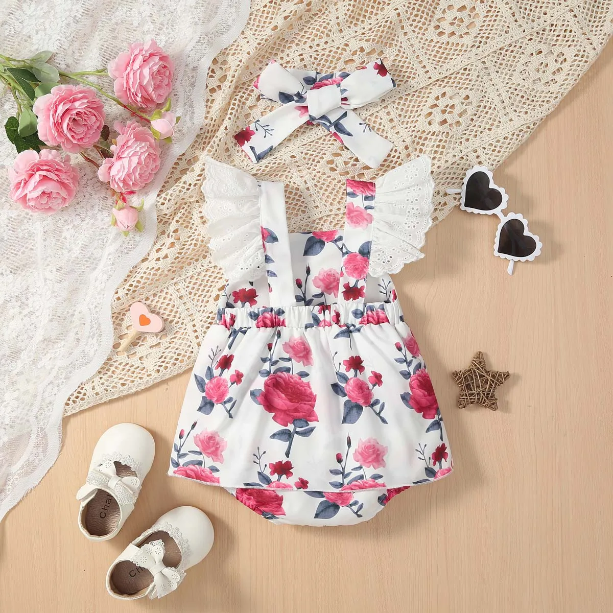 2pcs Baby Girl Allover Floral Print Schiffy Sleeves Bodysuit Dress and Headband Set  White image 2
