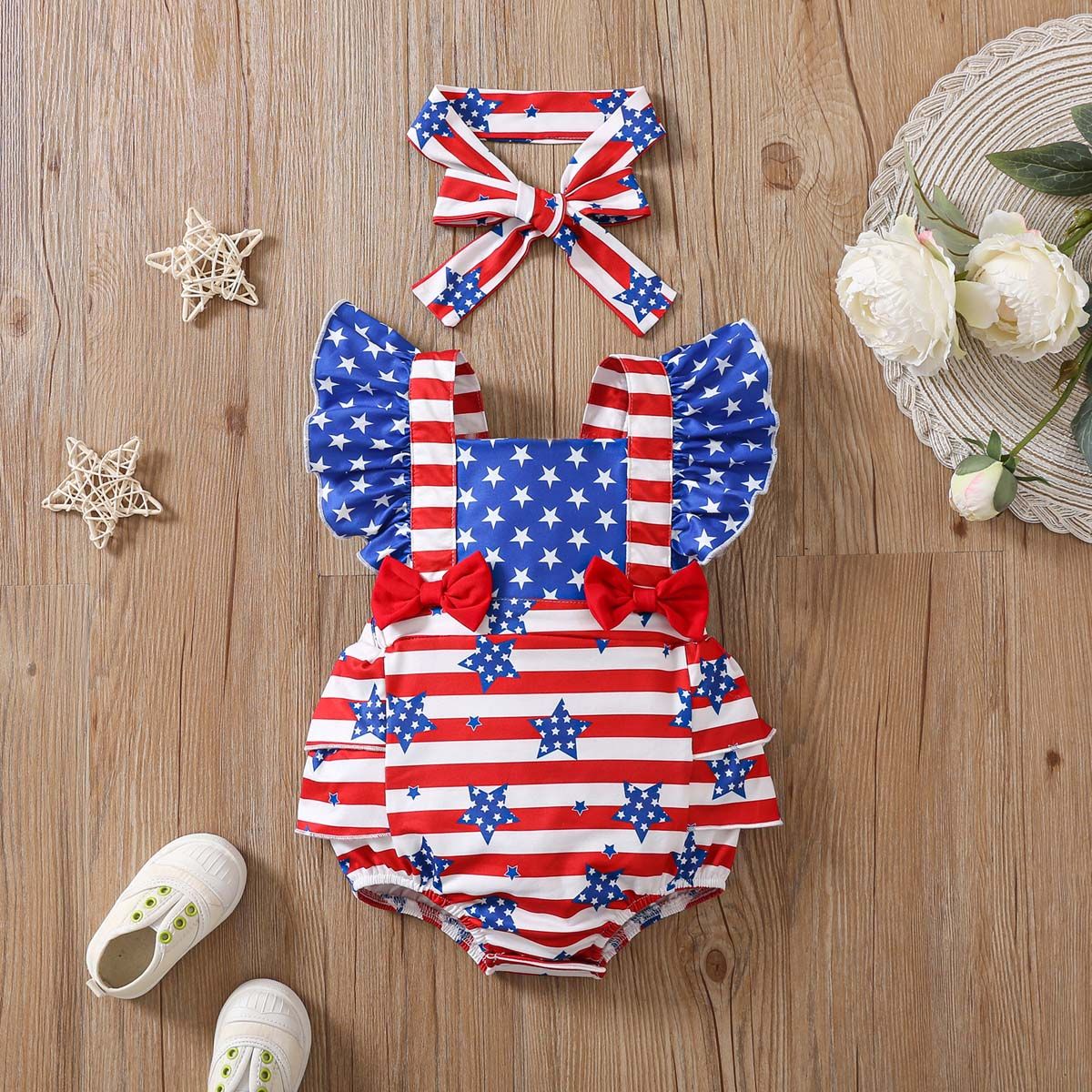 

Independence Day 2pcs Baby Girl Flutter-sleeve Bodysuit and Headband Set