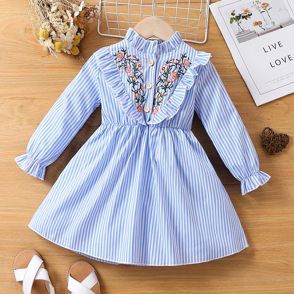 

Toddler Girl Stripe Button Half Placket Floral Embroidered Dress