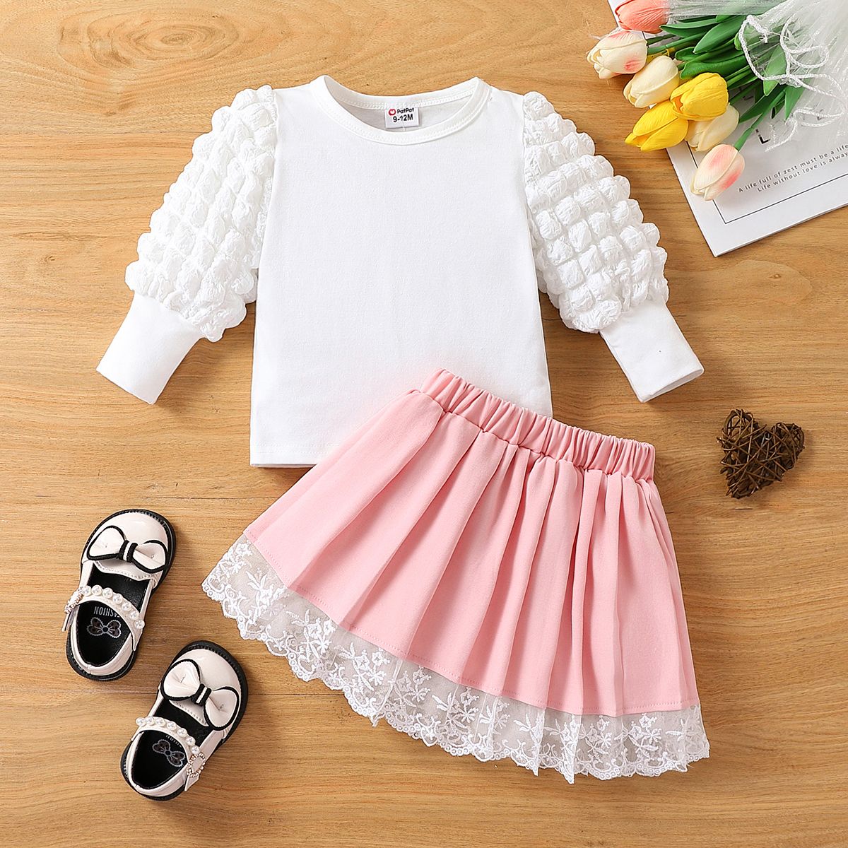 2pcs Baby Girl Sweet Solid Color Puff Sleeves Skirt Set