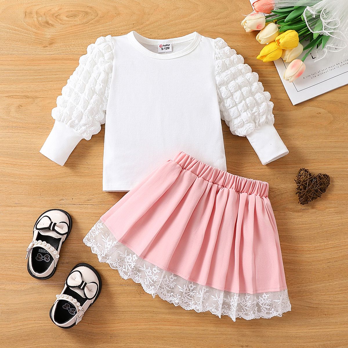 

2pcs Baby Girl Sweet Solid Color Puff Sleeves Skirt Set