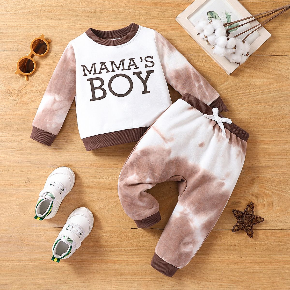 2pcs Baby Boy Letter Print Tie Dye Pullover and Pants Set