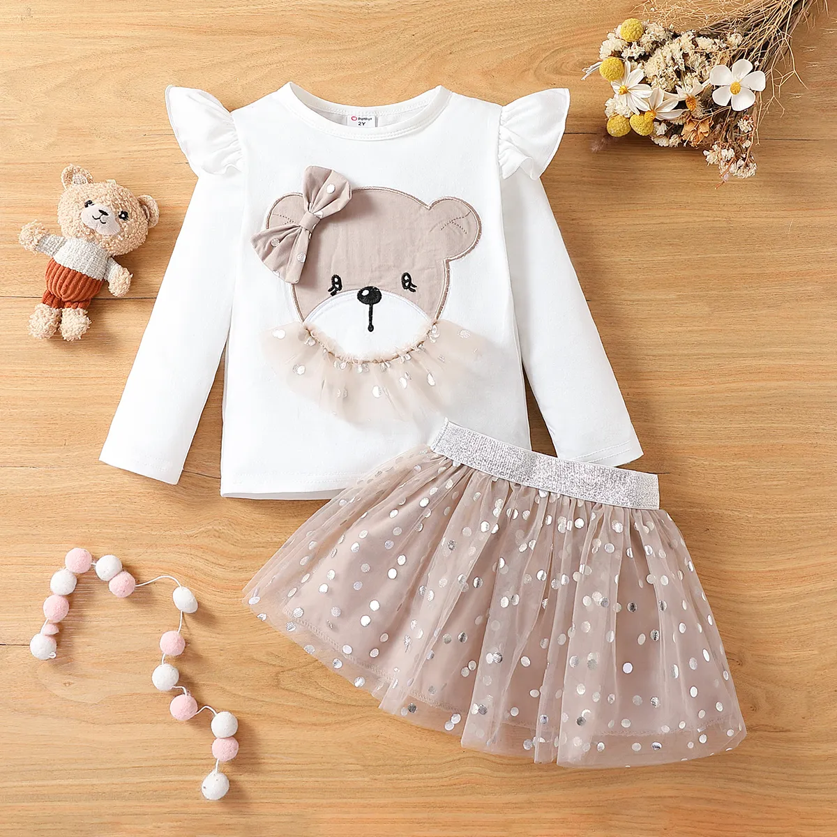 2pcs Toddler Girl Bear Pattern Mesh Flutter Sleeve Suit-Dress
