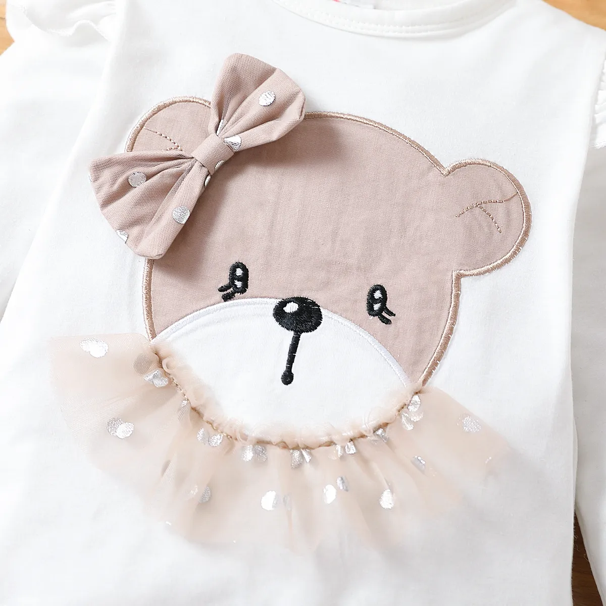 2pcs Toddler Girl Bear Pattern Mesh Flutter Sleeve Suit-Dress  image 3