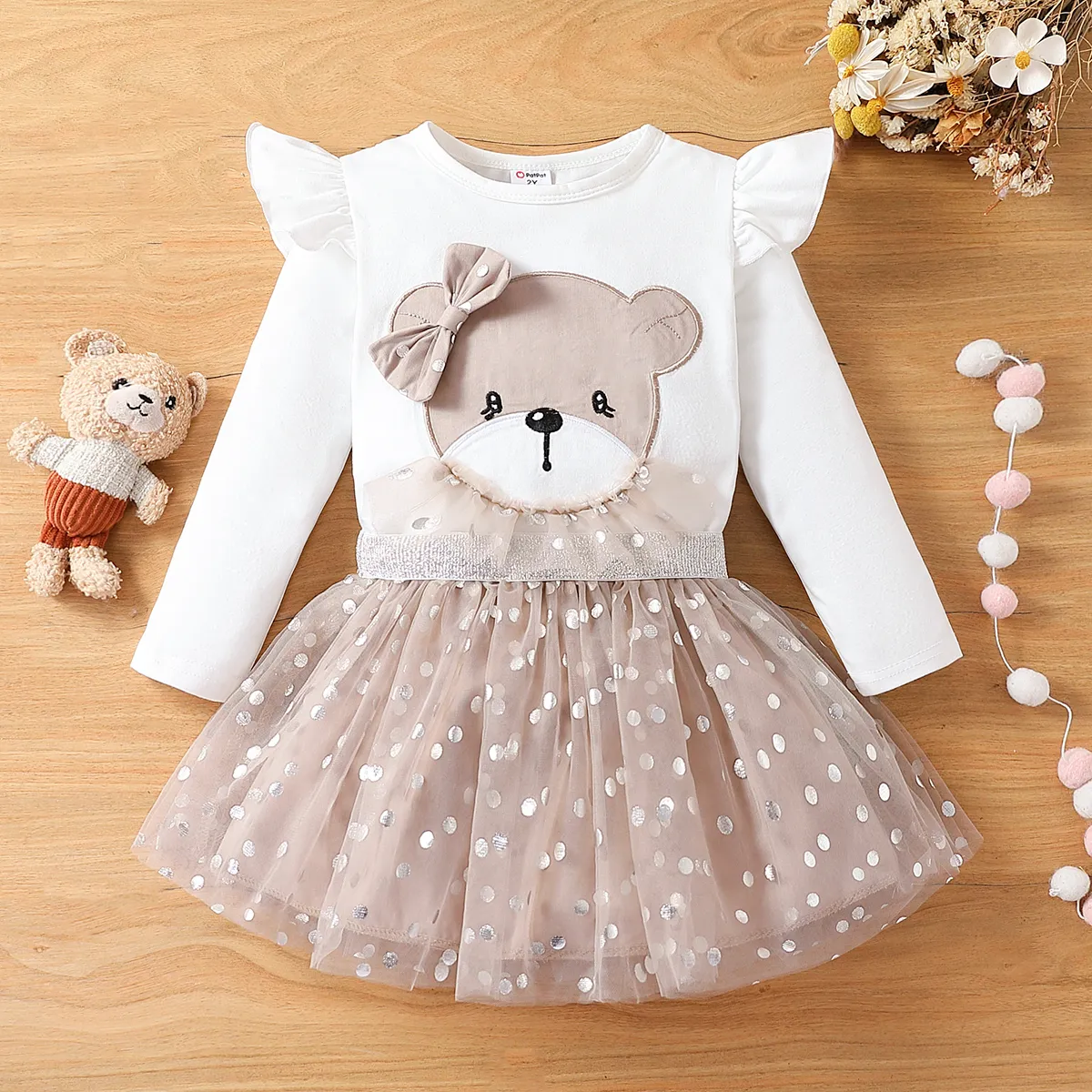 2pcs Toddler Girl Bear Pattern Mesh Flutter Sleeve Suit-Dress  image 2