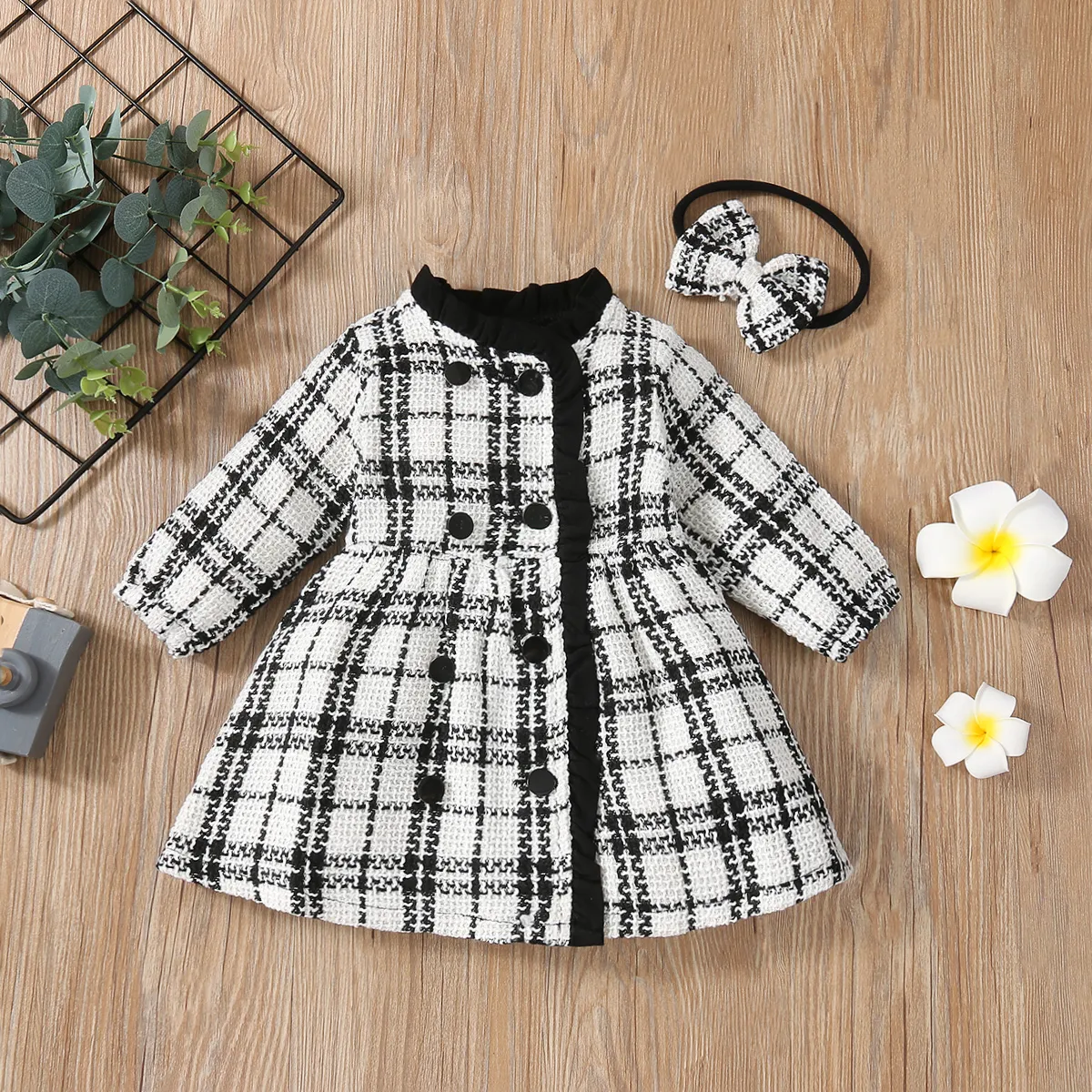 2pcs Frilly Plaid Long-sleeve Double Breasted Baby Long-sleeve Dress Set White big image 1