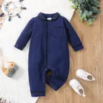 100% Cotton Solid Polo Collar Long-sleeve Baby Jumpsuit Dark Blue