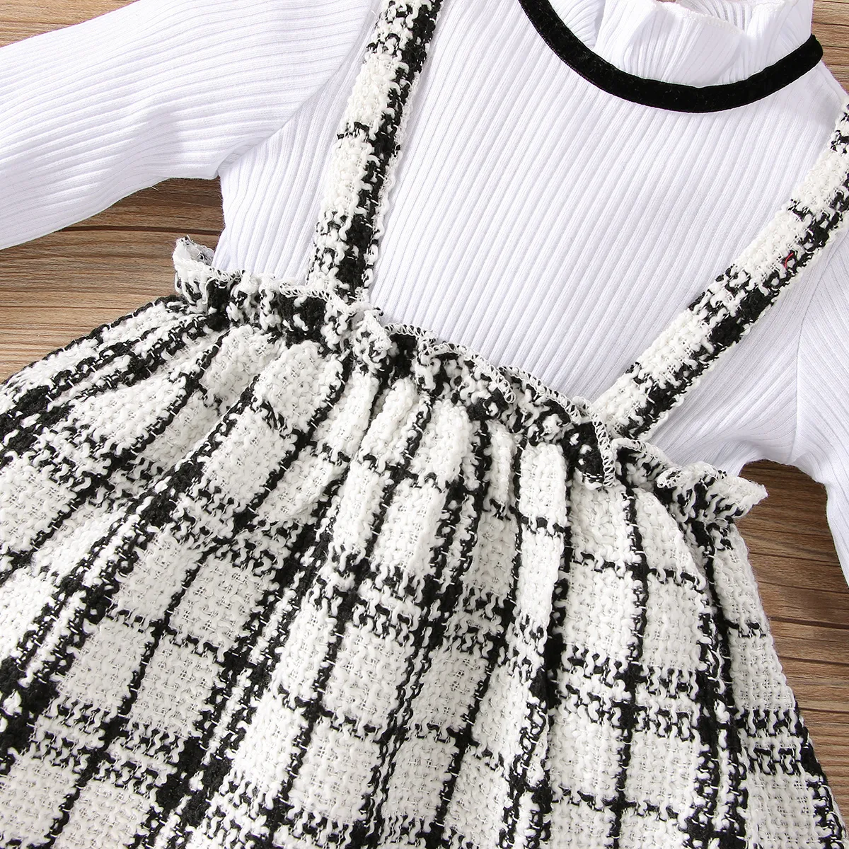 2pcs Baby Ribbed Frilly Collar Long-sleeve Splicing Faux-two Plaid Princess Dress Set White big image 1