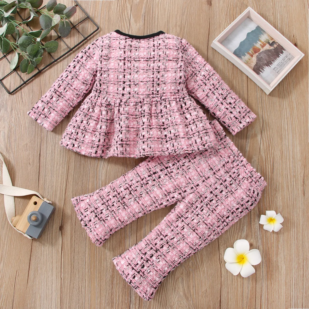 2pcs Baby Pink Tweed Plaid Long-sleeve Bowknot Top and Trousers Set Pink big image 1