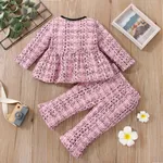 2pcs Baby Pink Tweed Plaid Long-sleeve Bowknot Top and Trousers Set  image 2