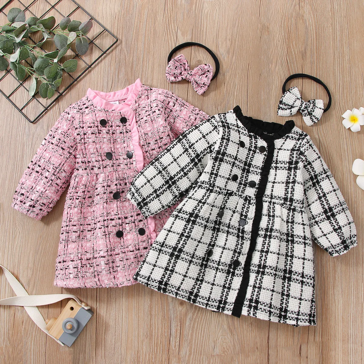 2pcs Frilly Plaid Long-sleeve Double Breasted Baby Long-sleeve Dress Set White image 2