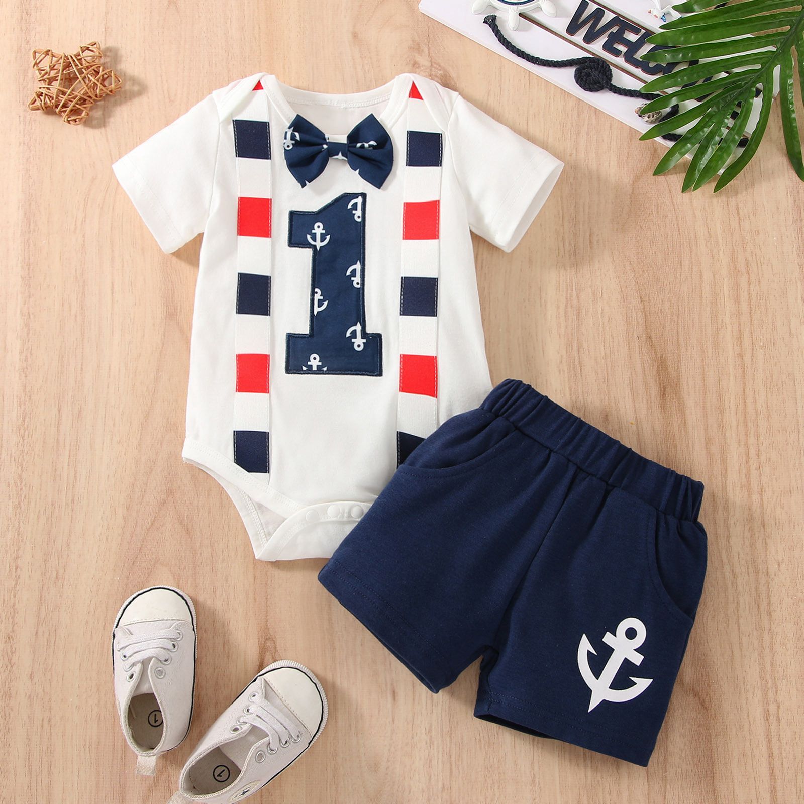 

2pcs Baby Boy 95% Cotton Short-sleeve Anchor Print Bow Tie Romper and Shorts Set