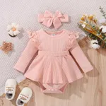 2pcs Baby Girl Solid Rib Knit Spliced Lace Long-sleeve Romper with Headband Set Pink