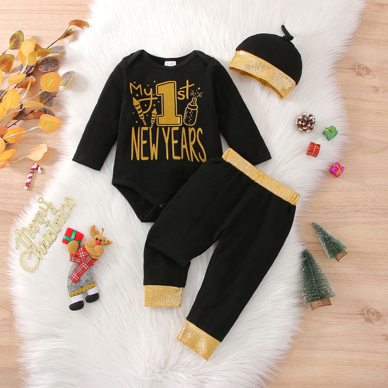 

New Year 3pcs Baby Boy/Girl 95% Cotton Black Long-sleeve Graphic Romper and Pants with Hat Set
