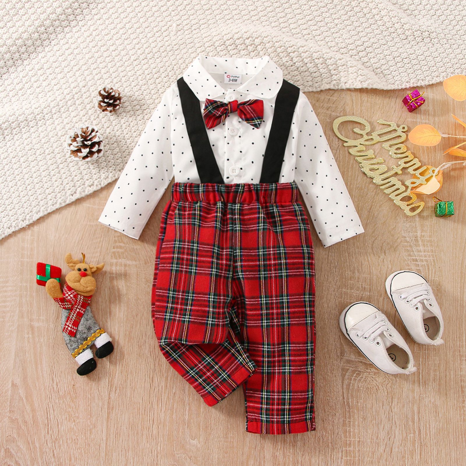 

2pcs Baby Boy Gentleman Bow Tie Decor Long-sleeve Polka Dot Shirt and Red Plaid Suspender Pants Set